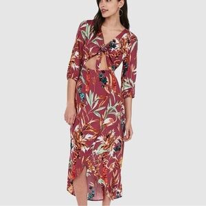 Express Tie Front Cut-Out Wrap Midi Dress with Tropical Flamingo Print